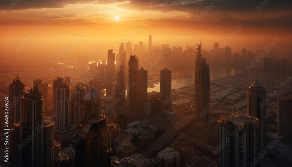 Fototapeta premium Modern city skyline illuminated by sunset, a panoramic travel destination generated by AI
