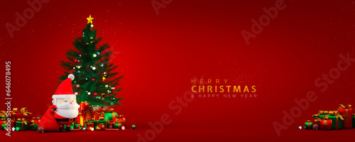 Panoramic view of Santa Claus with Christmas tree and gift boxes on red background. Merry Christmas and Happy New Year. 3D render.