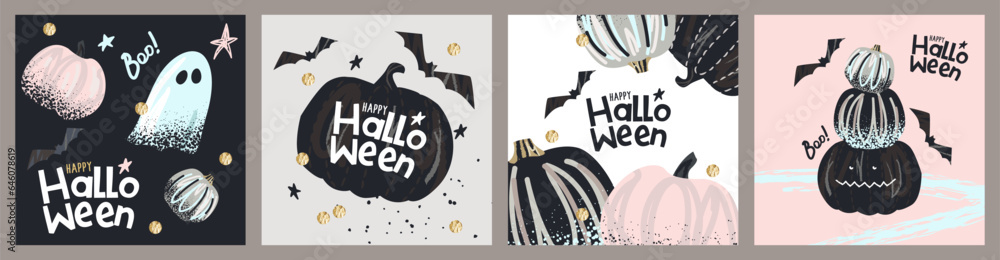 Happy Halloween Set of greeting cards, banners, posters, holiday covers. Trendy design with typography, hand painted dots, strokes, pumpkins, ghost, bats in pastel colors. Modern art minimalist style.