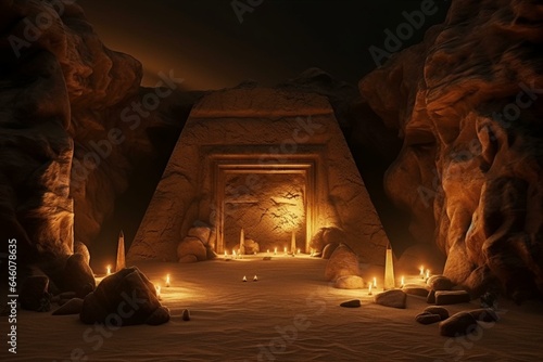 3D rendering of mystical desert cave with glowing gold, hidden treasure, aged portal, sand, mummy, pyramid, and moss. Generative AI