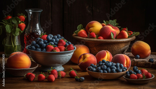 Fresh berry fruit bowl on rustic wood table for healthy eating generated by AI