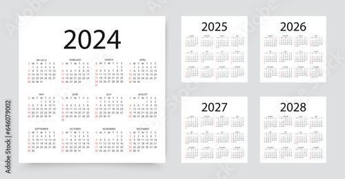 2024, 2025, 2026, 2027, 2028 calendars. Calender templates. Week starts Sunday. Desk planner layout. Yearly diary with 12 month. Organizer in English. Scheduler in simple design.  Vector illustration