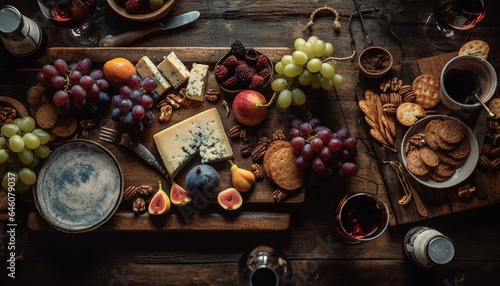 Rustic table with gourmet snacks, wine bottles, and cheese variations generated by AI