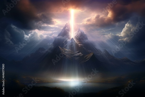 A digital artwork depicting a majestic mountain range with a cascading beam of light. Generative AI