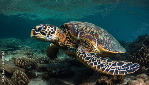 Green sea turtle swimming in tropical reef, surrounded by colorful sea life generated by AI