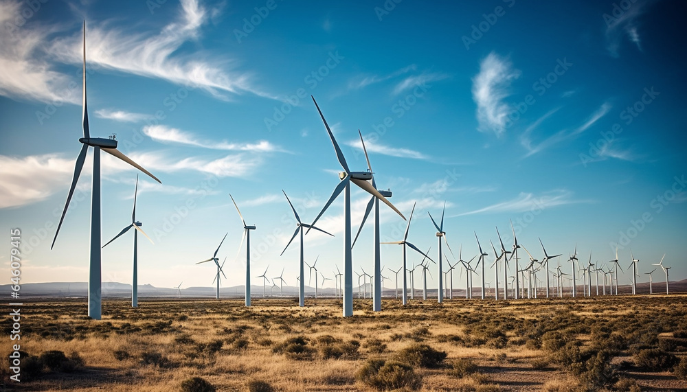 Wind turbines spin in a row, powering sustainable resources and growth generated by AI
