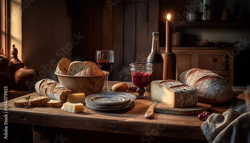 Rustic table with fresh bread, wine, and gourmet appetizers generated by AI