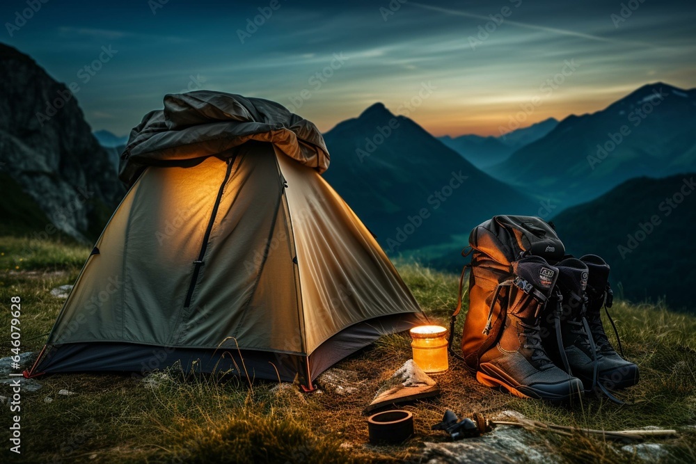 Camping gear, backpack, and flashlight placed next to a tent near a mountain. Generative AI