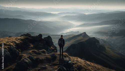 One person standing on mountain peak, backpack, enjoying nature generated by AI © Stockgiu