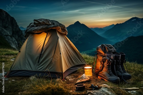 Camping gear  backpack  and flashlight placed next to a tent near a mountain. Generative AI