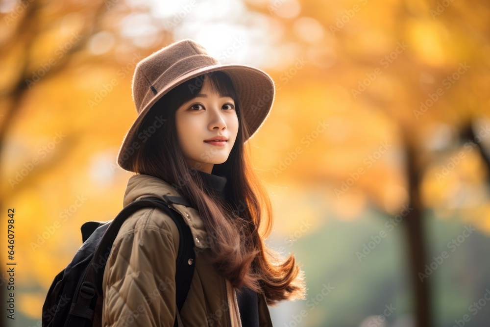 young asiatic with a whoolen hat girl walking in the park in autumn young asiatic with a whoolen hat girl walking in the park in autumn