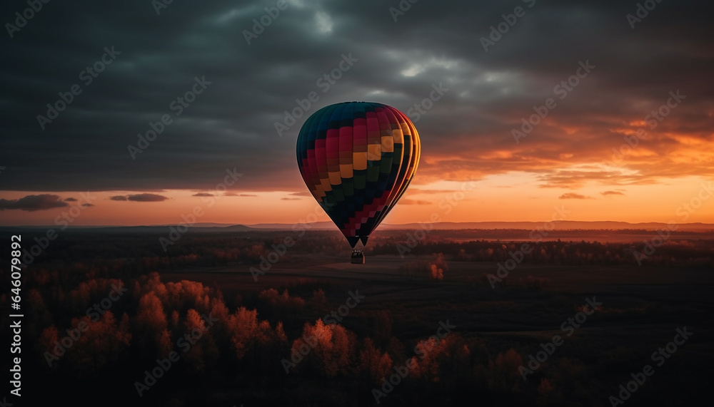Hot air balloon adventure flying high in vibrant nature landscape generated by AI