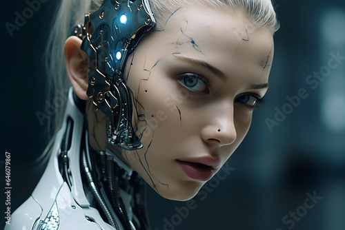 Young android robot nice woman face with part of skin and white plastic and metal on a face