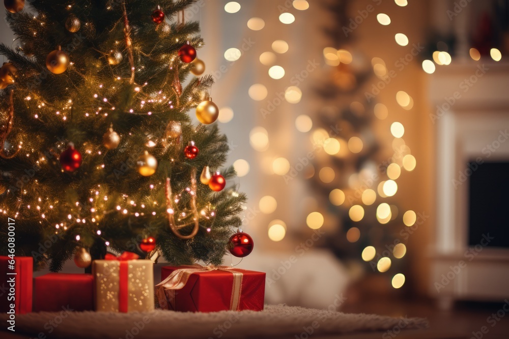 a christmas tree fully decorated with balls and lights and presents inside a living room in christmas day a christmas tree fully decorated with balls and lights and presents inside a living room in christmas day