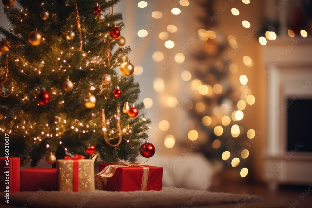 a christmas tree fully decorated with balls and lights and presents inside a living room in christmas day