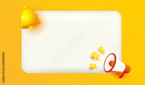 blank board with handbell reminder and megaphone icon announcement design mockup. Notifications page with yellow bell sign 3d vector Illustration for business planning events timetable development 