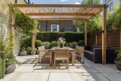 Beautiful outdoor space with newly designed high-end patio and garden in the UK. Generative AI