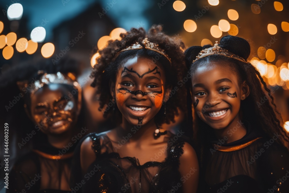 a group of young girls dressed for halloween and having a lot of fun in halloween night