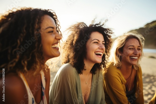 a group of multiethnic friends laughing and having a lot of fun in the beach on a sunny day