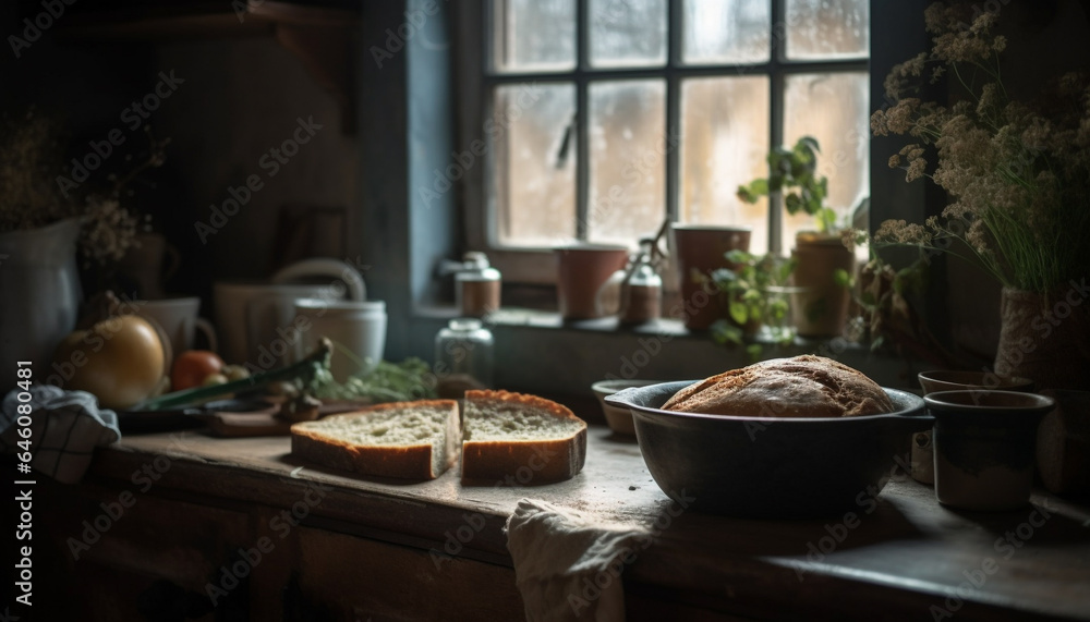 Freshly baked rustic bread on homemade wooden table indoors generated by AI Freshly baked rustic bread on homemade wooden table indoors generated by AI