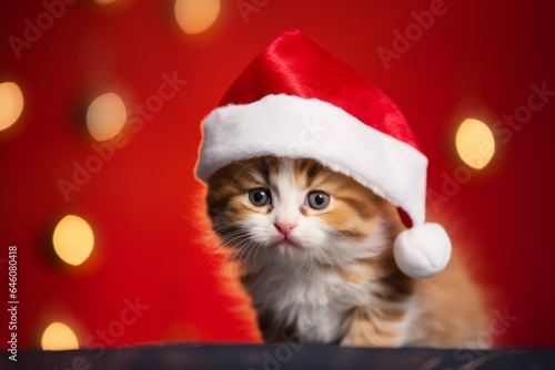small furry kitten with a christmas red hat in blurred background © urdialex