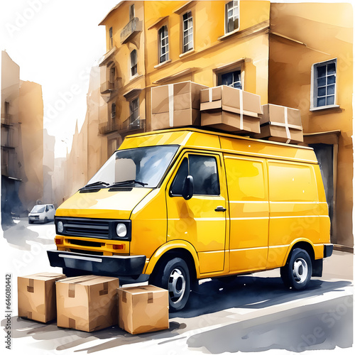 Yellow delivery van with box