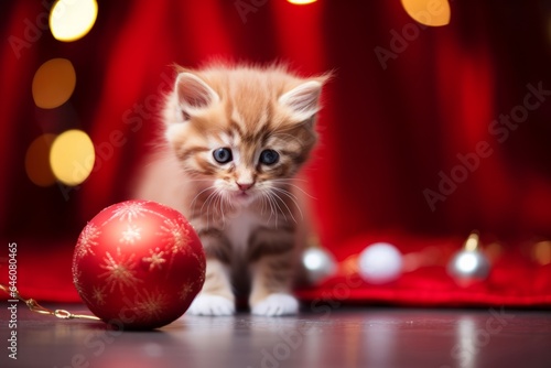 small furry kitten playing with a christmas ball