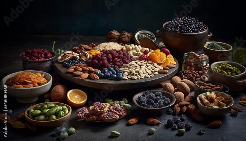 Organic fruit bowl with almond, cashew, and berry variation generated by AI © Stockgiu