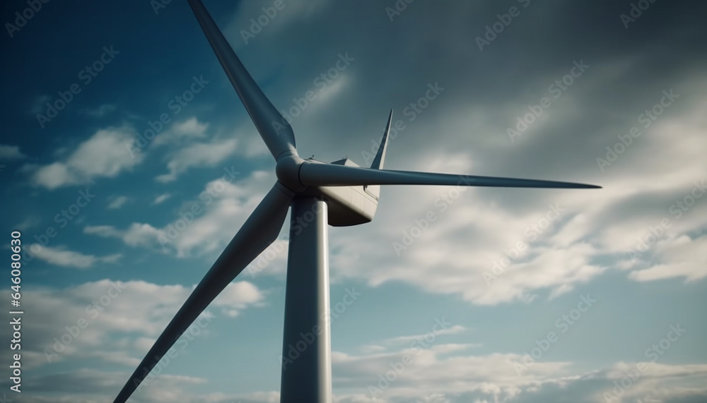 Silhouette spinning wind turbine generates sustainable energy in rural landscape generated by AI