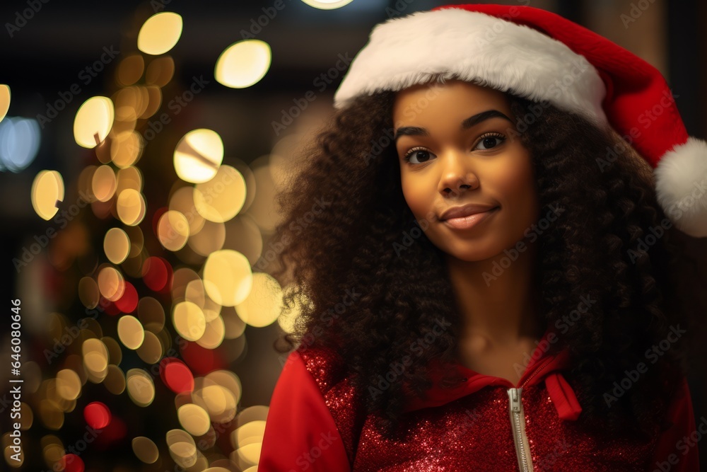 a black young girl dressed for Christmas with a red santa claus suit in the streets a black young girl dressed for Christmas with a red santa claus suit in the streets