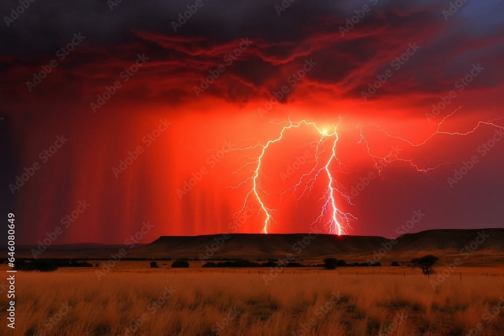 A striking crimson thunderstorm illuminating the sky. Generative AI