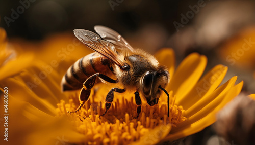 Busy honey bee collecting pollen from yellow flower in nature generated by AI