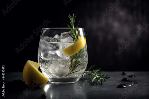 Drink with gin, tonic, ice, lemon, and rosemary on a stone table. Generative AI