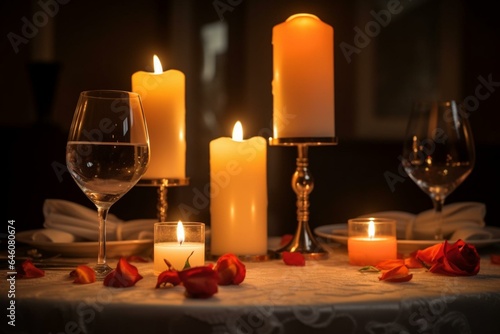 Romantic candlelit dinner for loving couple. Generative AI