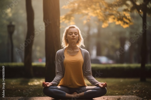 blonde young caucasic woman practicing meditation in a public park under morning light