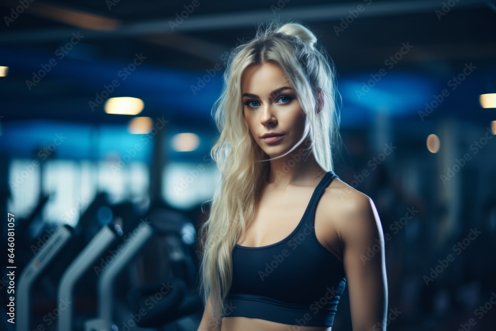 caucasian blonde woman working out in the gym looking directly to the camera caucasian blonde woman working out in the gym looking directly to the camera