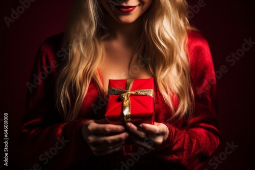 a caucasic young blonde girl dressed for Christmas with a red santa claus suit with a present in her hands in plain red background © urdialex