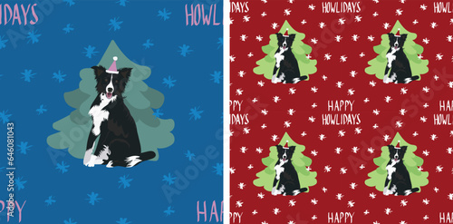 Border Collie dog Christmas seamless pattern. Popular repeatable winter background. Happy Howlidays Dog Christmas Card for dog lovers. Abstract texture with Collie, tree, snowflakes. Cartoon style.