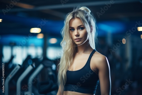 caucasian blonde woman working out in the gym looking directly to the camera