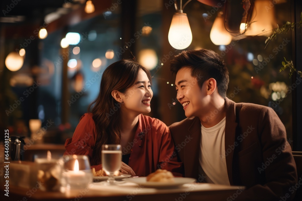 a young asian couple enjoying a romantic dinner in a restaurant at night with a big smile - obrazy, fototapety, plakaty 