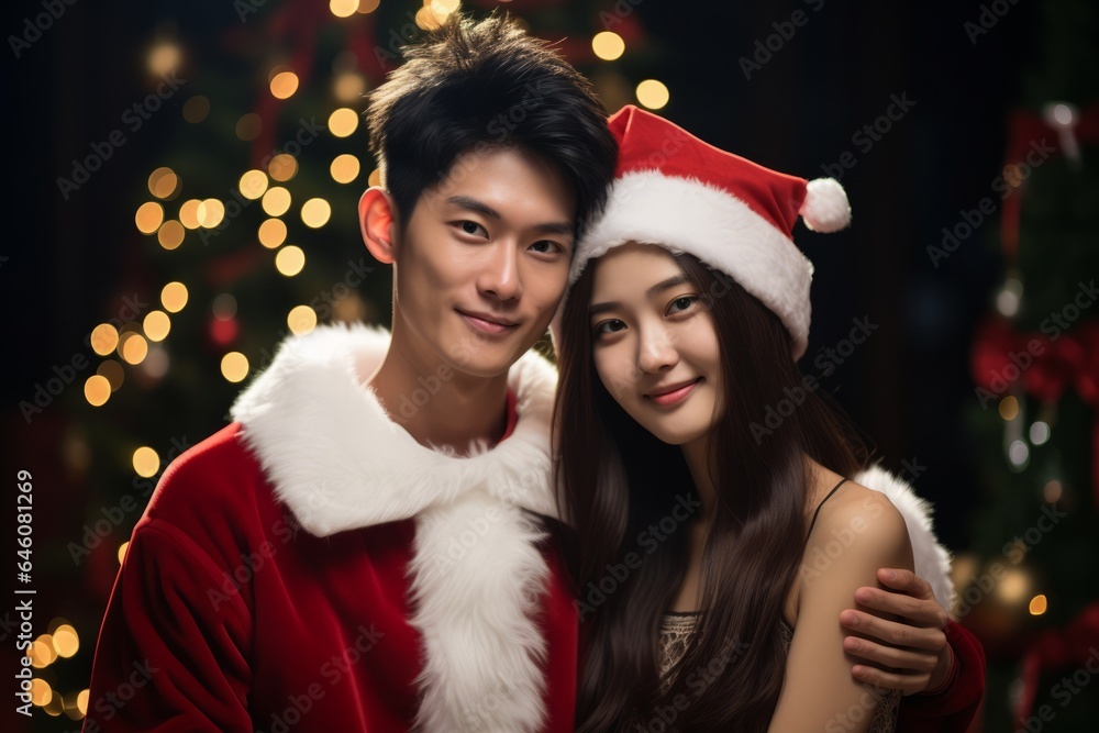 a young chineese couple dressed for christmas in red santa claus suit looking to the camera smiling a young chineese couple dressed for christmas in red santa claus suit looking to the camera smiling