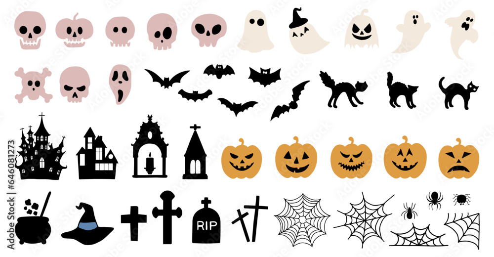 Big vector set of silhouette Halloween elements.