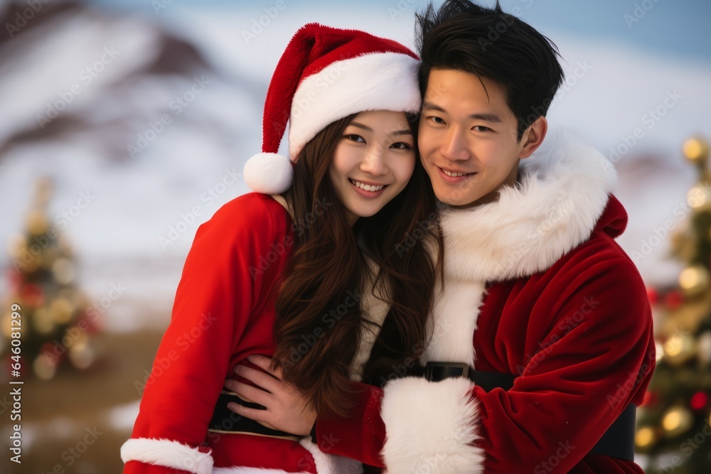 Fototapeta premium a young chineese couple dressed for christmas in red santa claus suit looking to the camera smiling