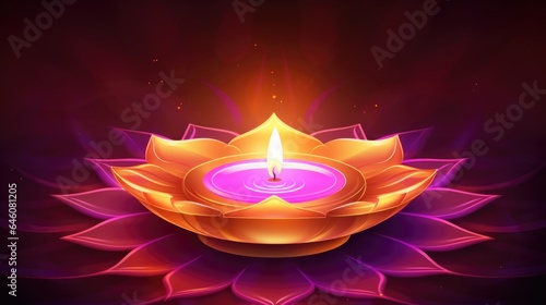 Burning diya oil lamp. Traditional symbol of Indian Happy Diwali Festival banner. Celebration festival of light colorful Background with diyas..