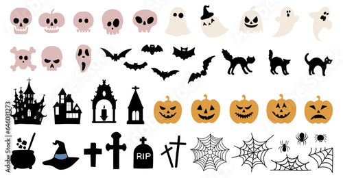 Big vector set of silhouette Halloween elements.