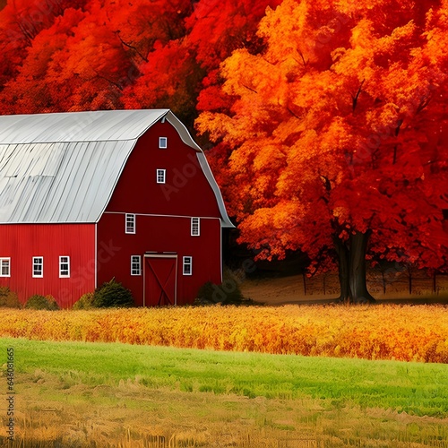 An Old Red Barn with Stunning Autumn Trees and Leaves