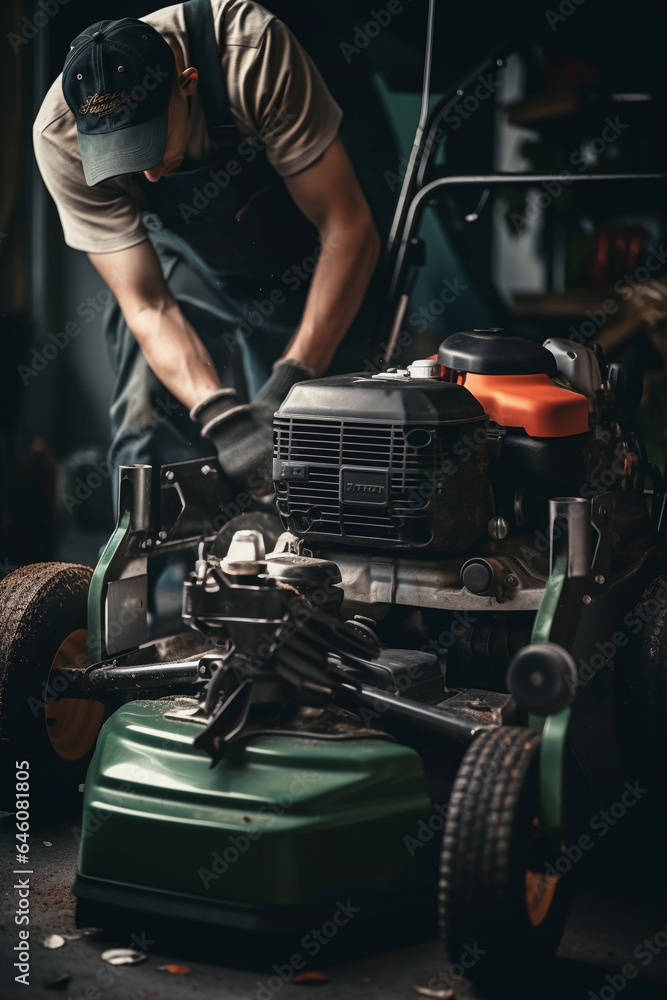 Fototapeta premium Expert Lawn Mower Service in a Home Garage. Generative Ai