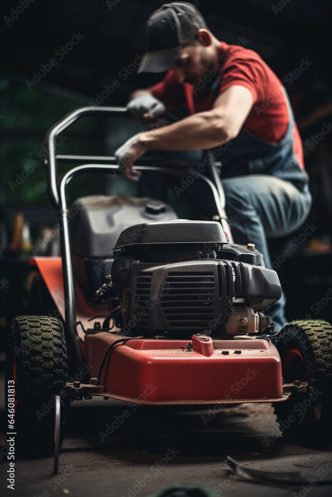 Man Expertly Repairing Lawn Mower: Vertical Shot. Generative Ai