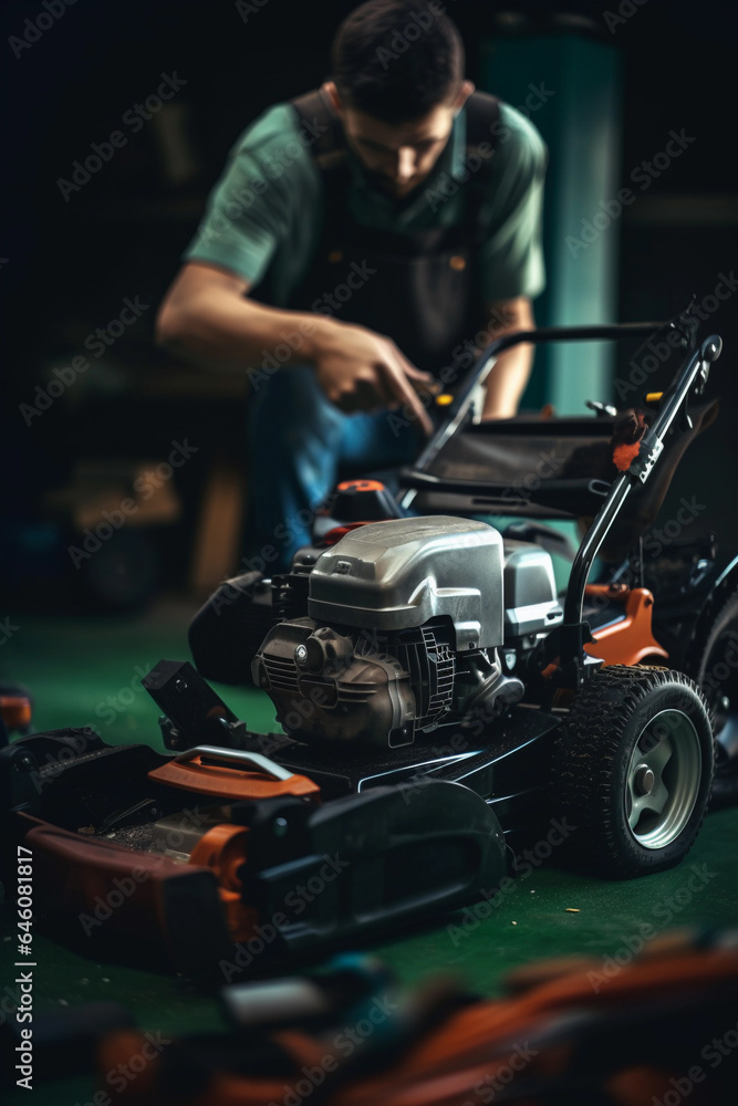 Fototapeta premium Man's Lawn Mower Repair Work: Garage Vertical View. Generative Ai
