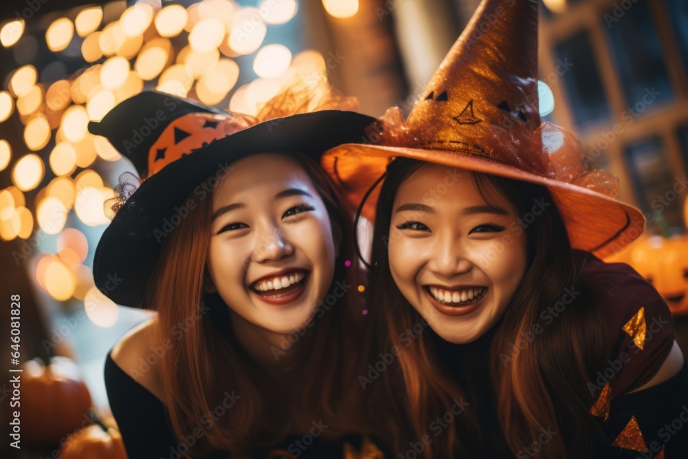 two young asiatic girls dressed with witch costumes and having a lot of fun in the night of Halloween two young asiatic girls dressed with witch costumes and having a lot of fun in the night of Halloween